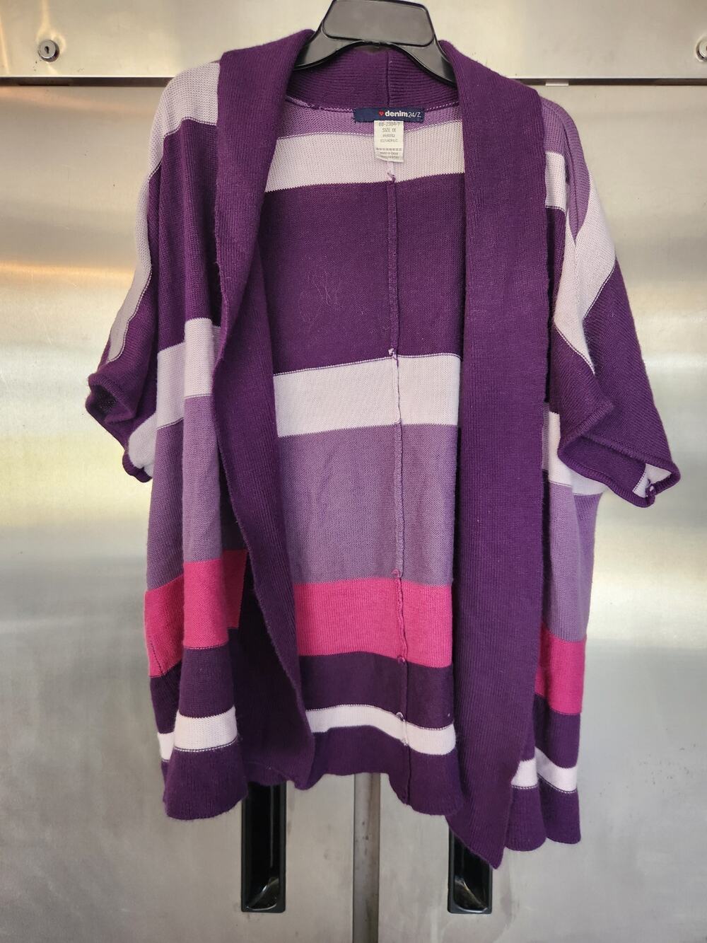 Denim 24/7 Womens Plus Open Front Cardigan 1X Purple Colorblock Striped Sweater